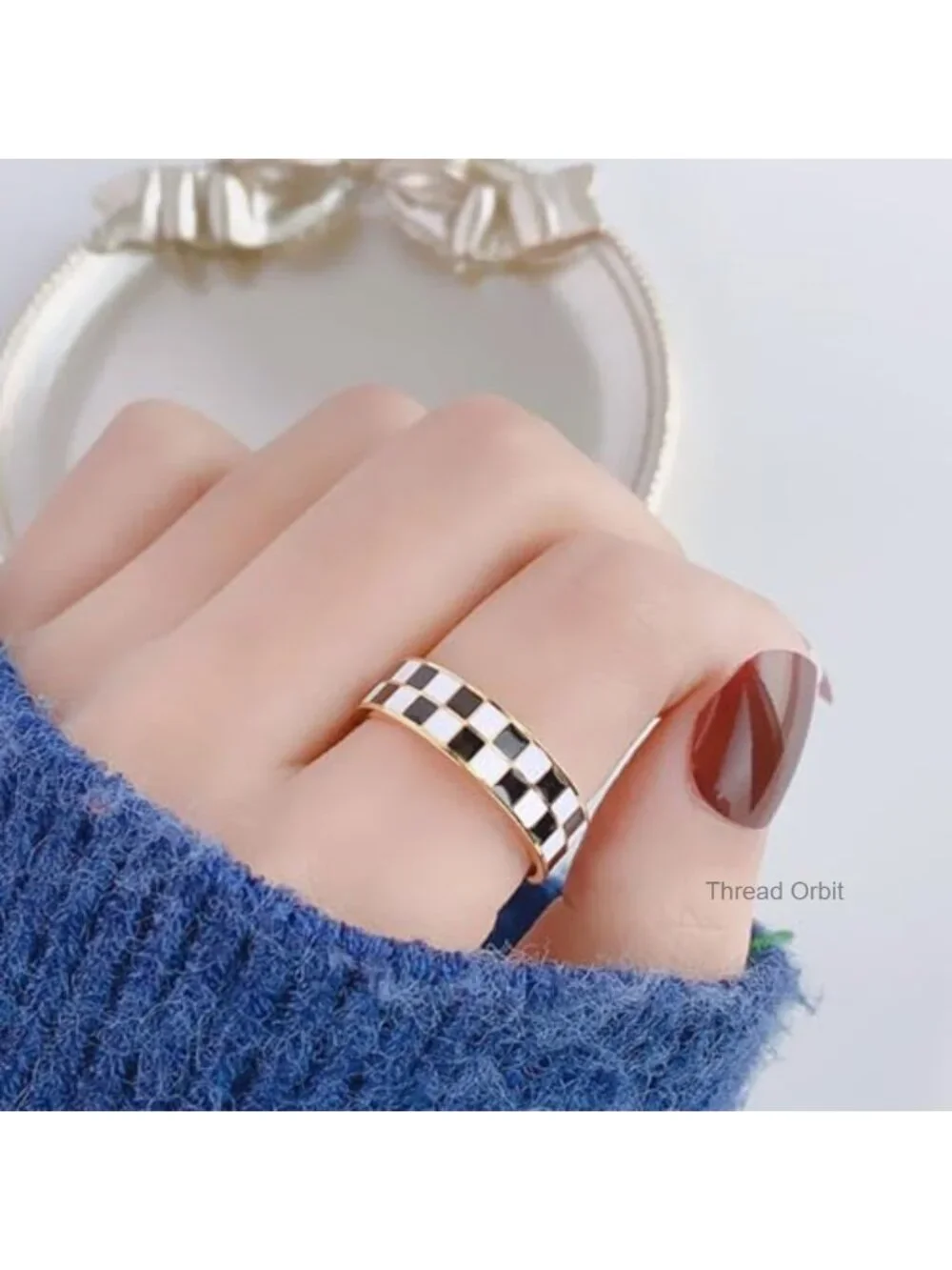 Checkerboard Band Ring 6mm Chunky Minimalist Stainless Steel Gold Plated